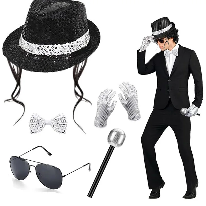Michael Jackson Cosplay Accessories Set 80S Retro Disco Party Performance Kit with Sequin Hat Gloves Sunglasses Halloween Suit