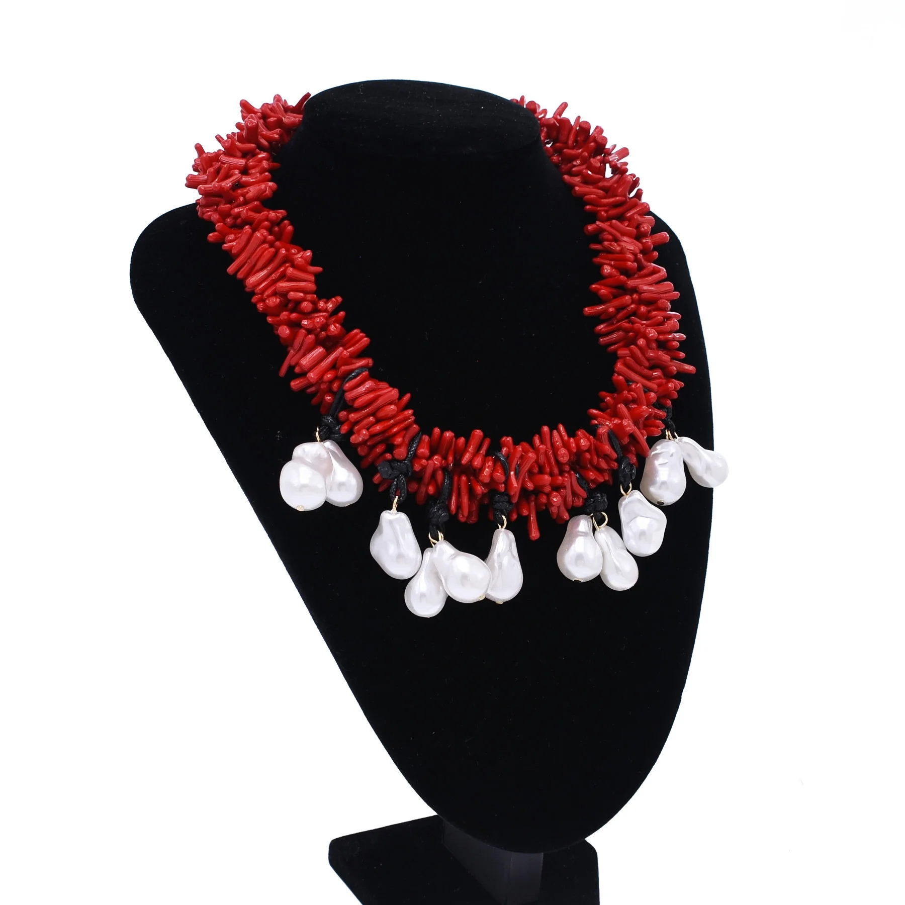 موضة المرجان الأحمر تقليد الباروك اللؤلؤ قلادة قلادة للنساء متعدد الطبقات سلسلة البوهيمي اليدوية مجوهرات الإكسسوار #2