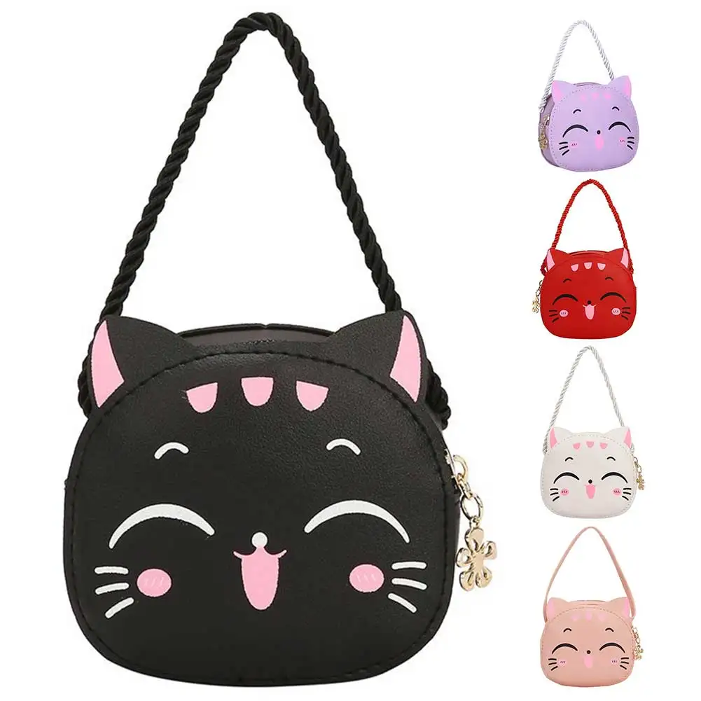 Bolso de mano pequeño y compacto para niñas, bolsa de hombro con diseño de gato de dibujos animados, estilo Kawaii, para uso diario