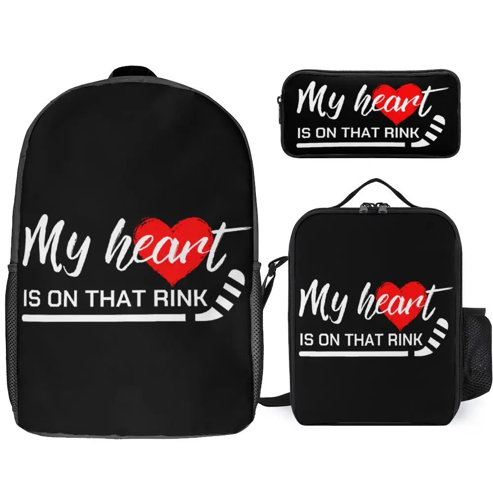 My Heart Is On That Rink Hockey Mom Essent 3 in 1 Set 17 Inch Backpack Lunch Bag Pen Bag  Secure Rucksack Snug Summer Camps Nove