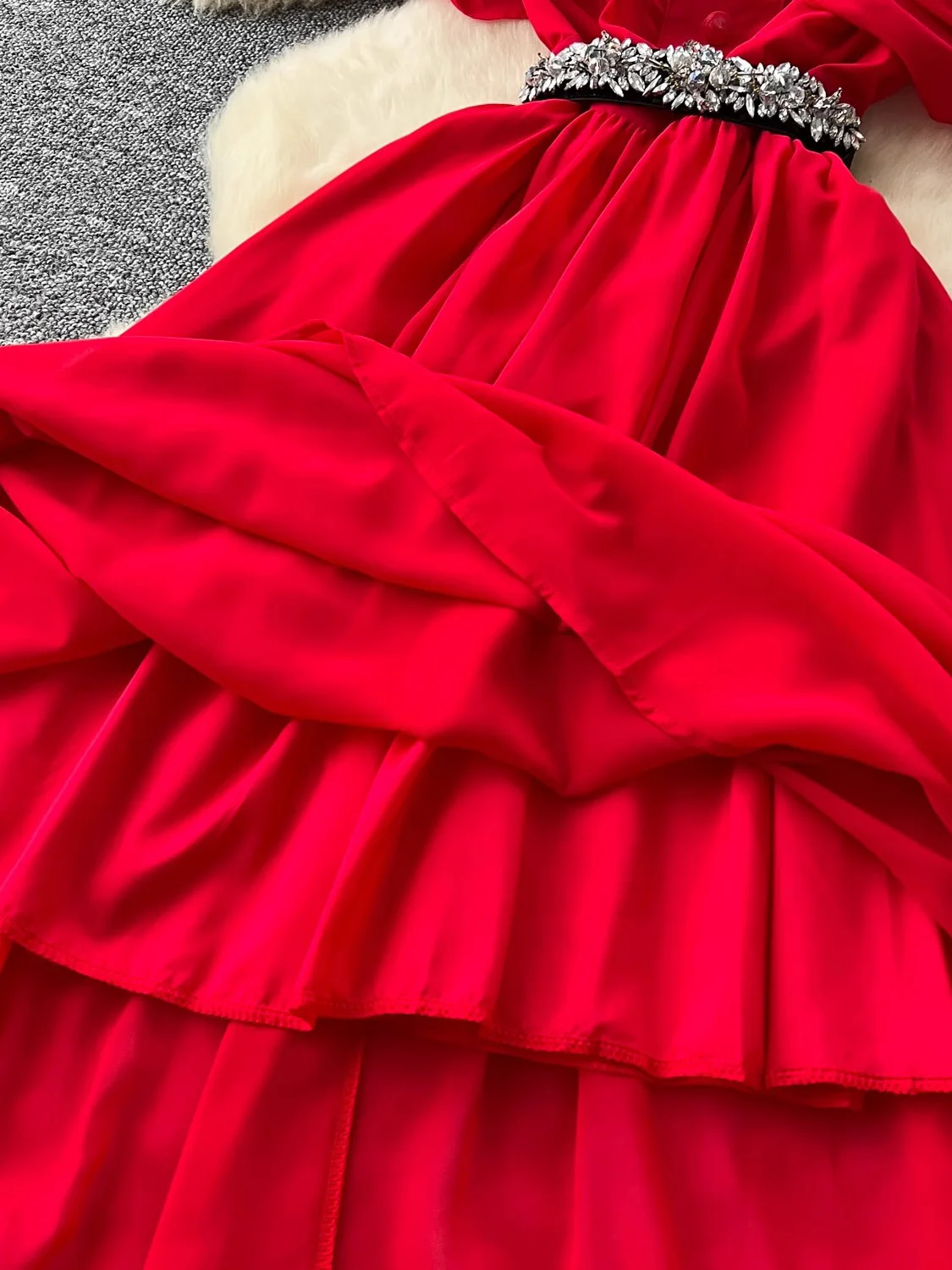 ฤดูใบไม้ผลิฤดูร้อนผู้หญิงสีแดง/สีม่วง/สีเขียว Draped ชุดชีฟองยาววินเทจรอบคอเอวสูง A-Line Maxi Vestido หญิง Robe ใหม่