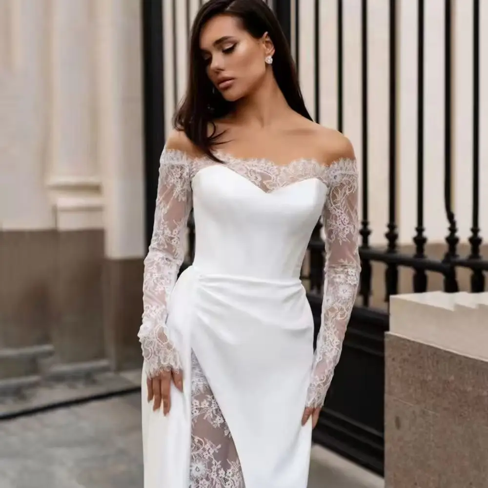 Sweetheart elegante pizzo maniche lunghe dolce raso sirena abiti da sposa Sweep Train 2026 Vestido De Noival personalizzato