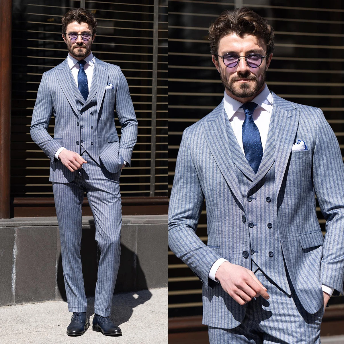 

Luxury Men's Suit 3 Pieces Blazer Vest Pants Peaked Lapel Single Breasted Pinstripes Wedding Groom Formal Tailored Costume Homme