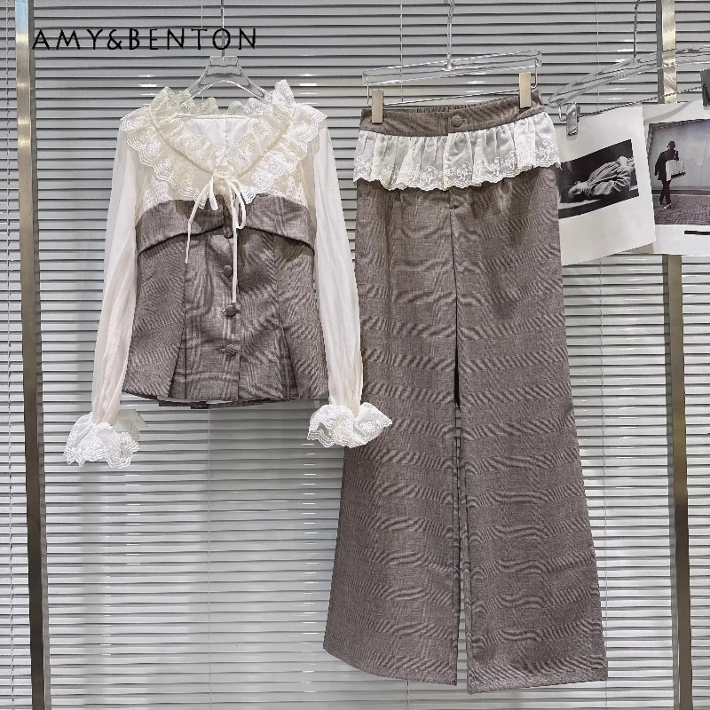 

Women's Vintage Two Piece Set Lace Splicing Ruffle Shirts High Waist Wide Leg Pants Elegant Office Fashion Casual Sets Ladies