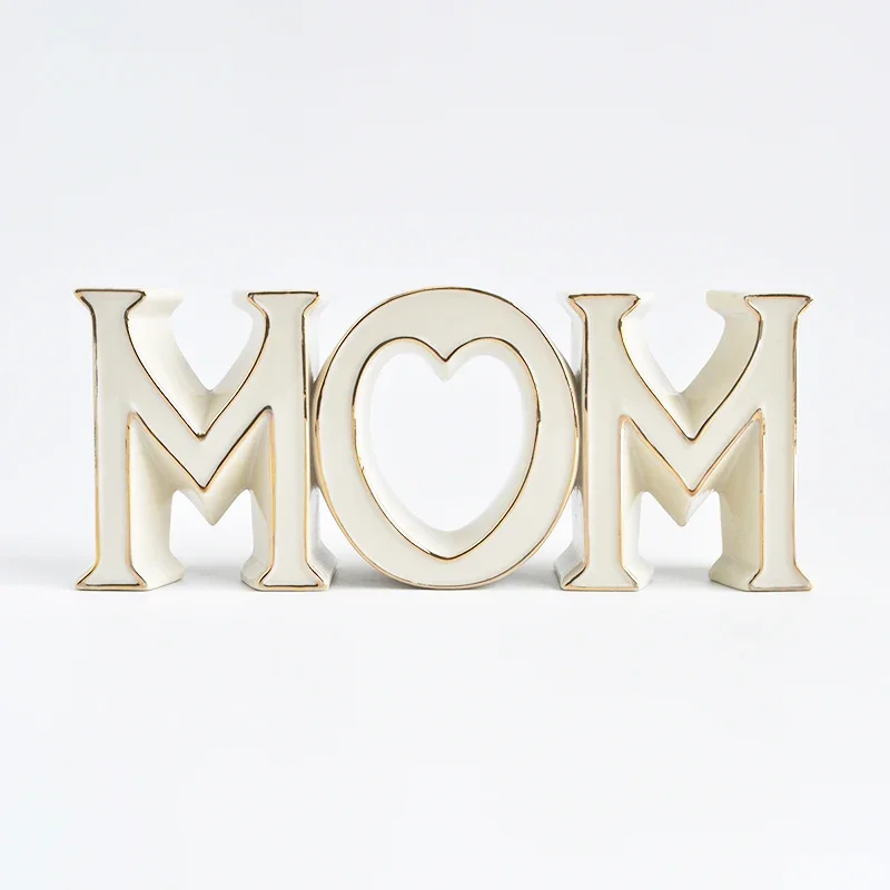 Letras Cerâmicas Estereoscópicas US LENOX de 'MOM' Pintadas em Dourado, Ornamentos para Decoração de Mesa em Casa, Presente para o Dia das Mães e Aniversário