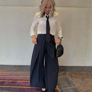 Green Pleated Wide-Leg Pants 4 HXAO Women's Pants Baggy Wide Pants For Woman Minimalist Pleated Stripe Casual Pants Women Office Green Oversize Suit Trousers 4