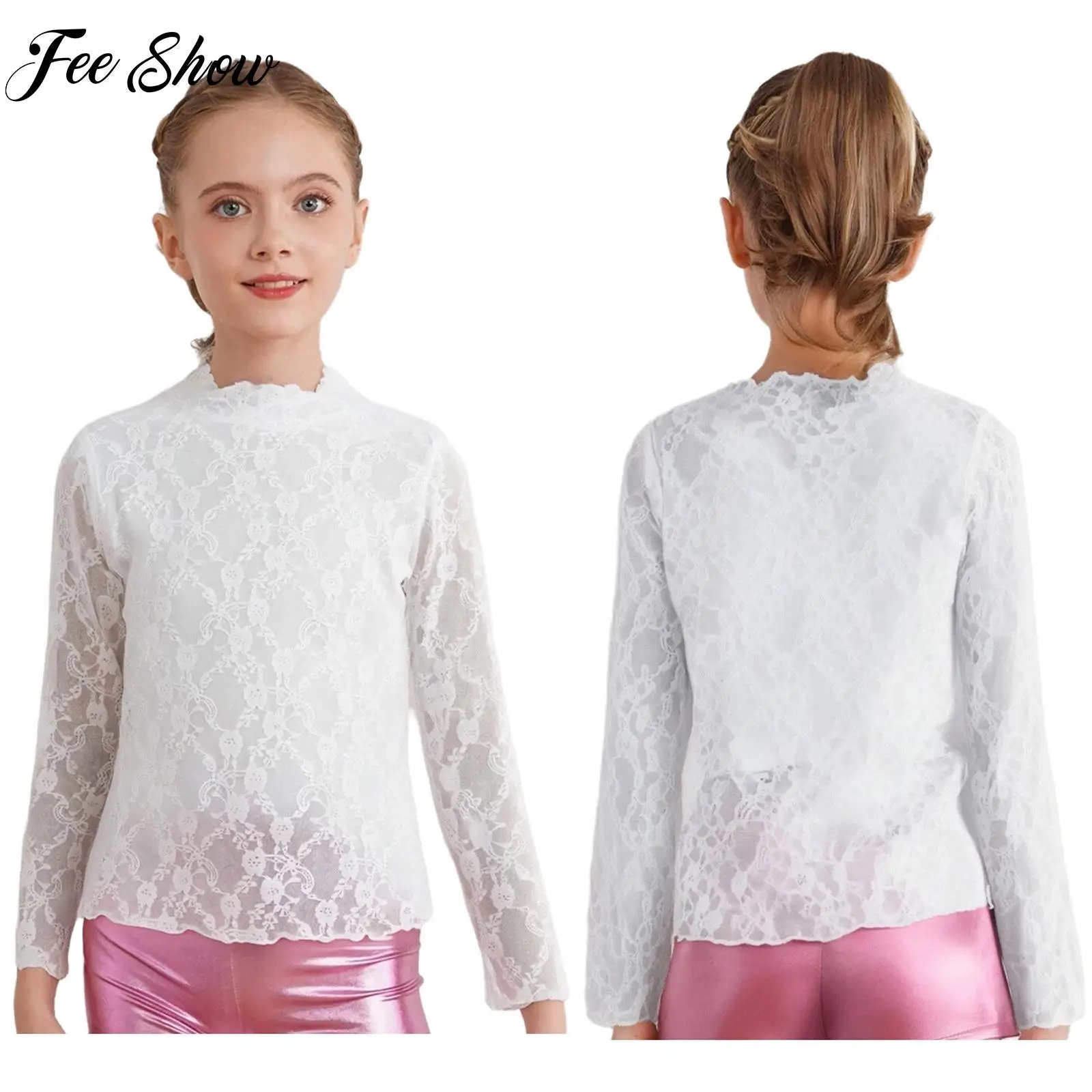 

White See-Through Floral Lace Tops for Kids Girls Fashion Long Sleeve Sheer T-shirt Undershirt for Birthday Party Beach Holiday