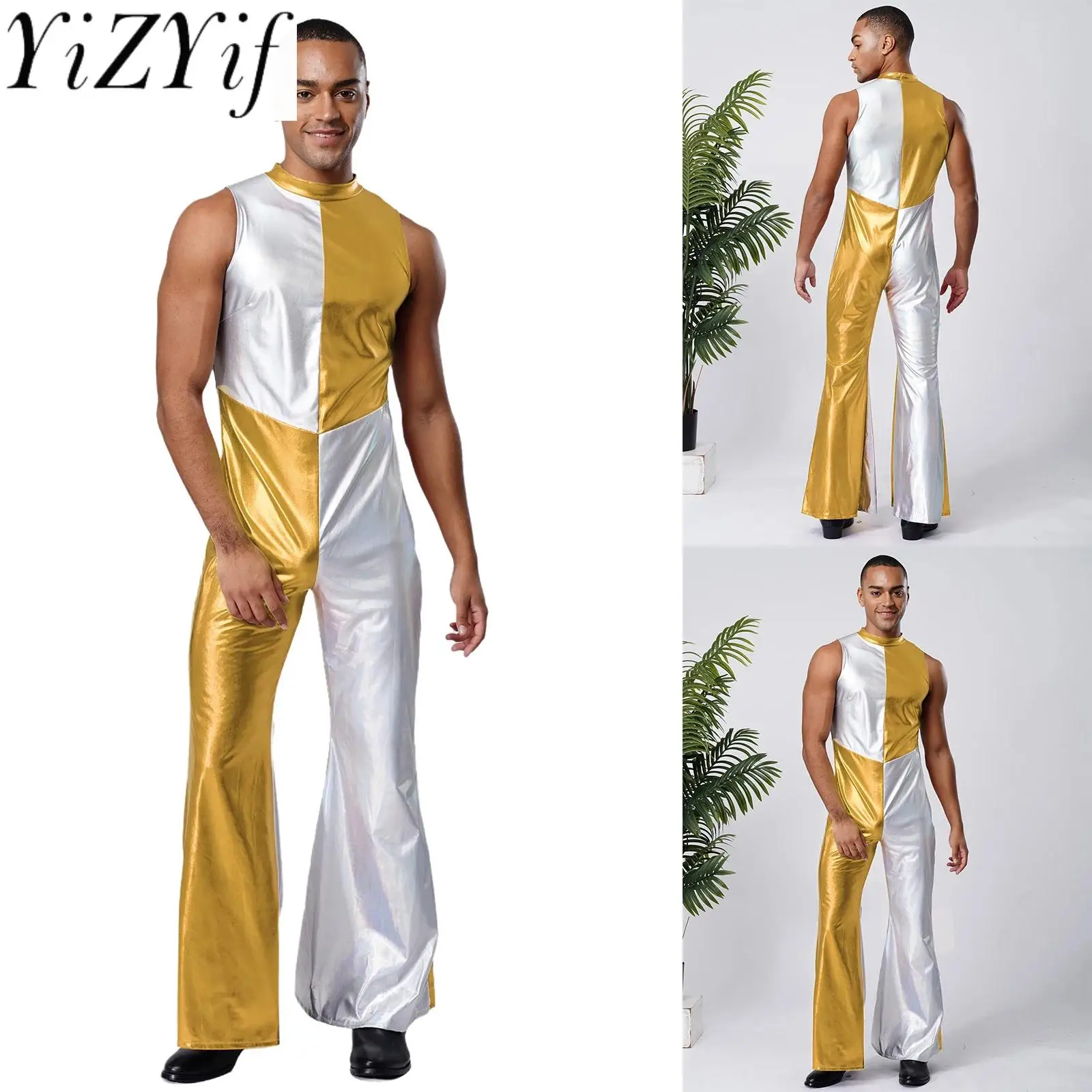 メンズ メタリック パッチワーク ジャンプスーツ ノースリーブ フレアパンツ ホログラフィック ロンパース 70年代 ディスコパーティー ジャズ タンゴ クラブ ダンス衣装