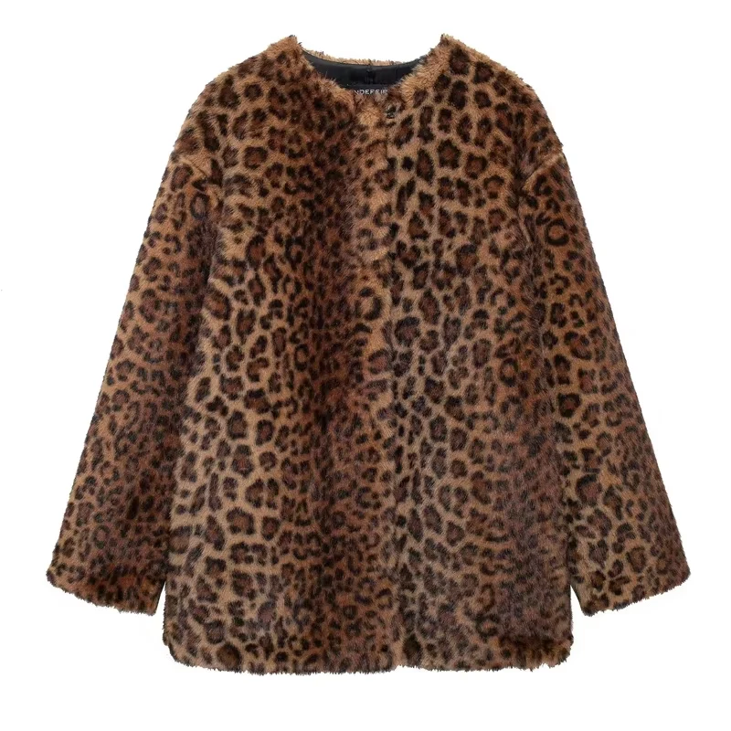 HXAO Parkas Womens Coats Winter Leopard Faux Fur Coat Warm Vintage Autumn Plush Jacket Outerwear Long Sleeve Furry Coats Woman