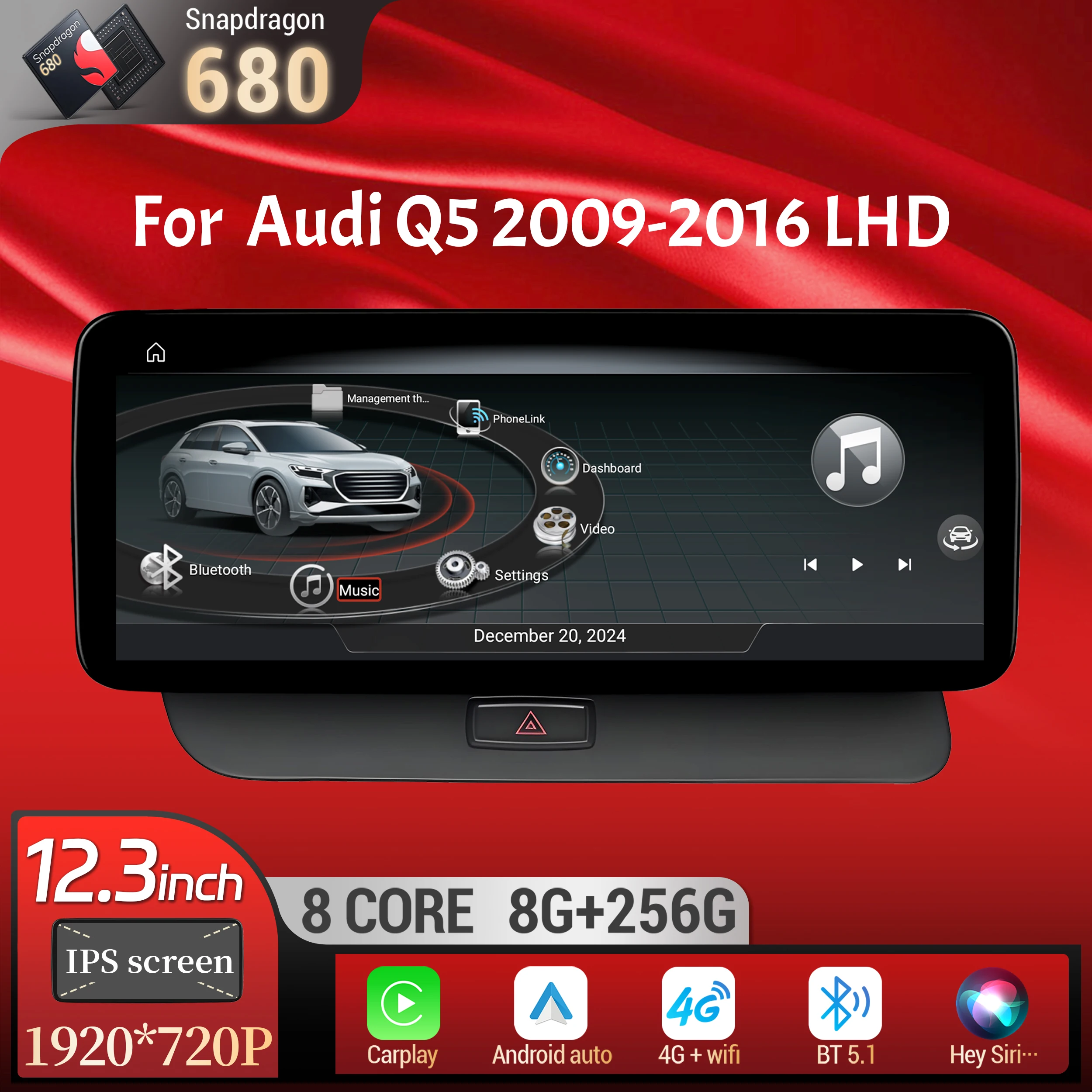 12.3 inch Android 14 Left Hand Drive Car Radio For Audi Q5 2009-2016 Wireless BT Carplay Qualcomm Snapdragon 680 System Screen