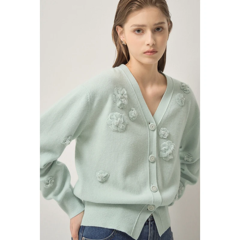

Ele Woolen Knitted Open Cardigan Women's Sweater with 3 Colors Exquisite Heavy Industry Beautiful Flower Pattern for Autu...