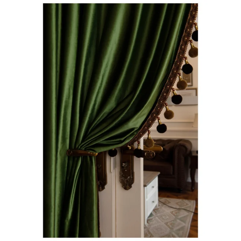 American Vintage High-end Luxury Curtains for Living Room Velvet Green Glossy Curtains Blackout Curtains Valance Tulle Custom