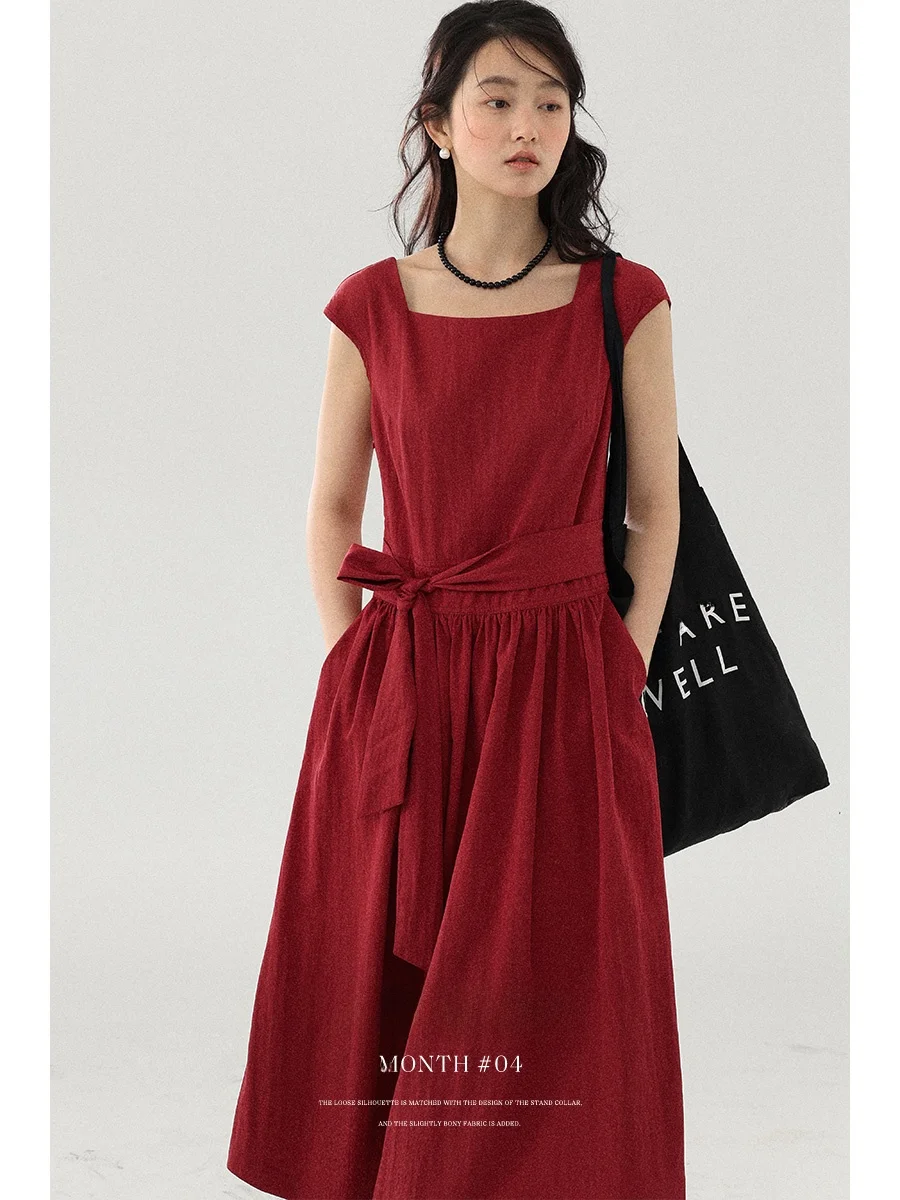 

Lalaglow Summer Women's Loose Waist Belt Dr Square Collar Long Skirt Ele Empr Sle Lazy Faion Pure Color X-ape