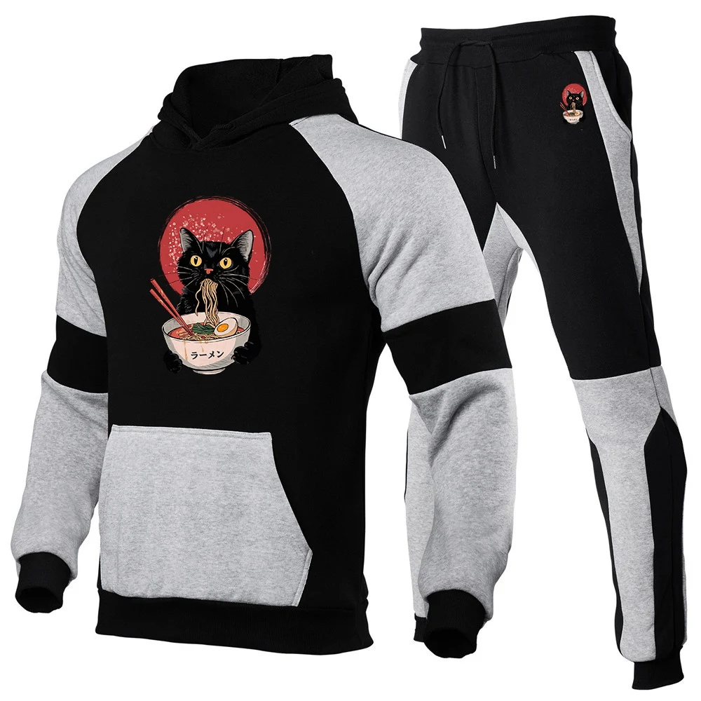 

2025 Spring And Autumn Men's Noodle Ramen Cat New Hight Quality Cotton Hoodies + Sweatpants Running Two Pieces Sets