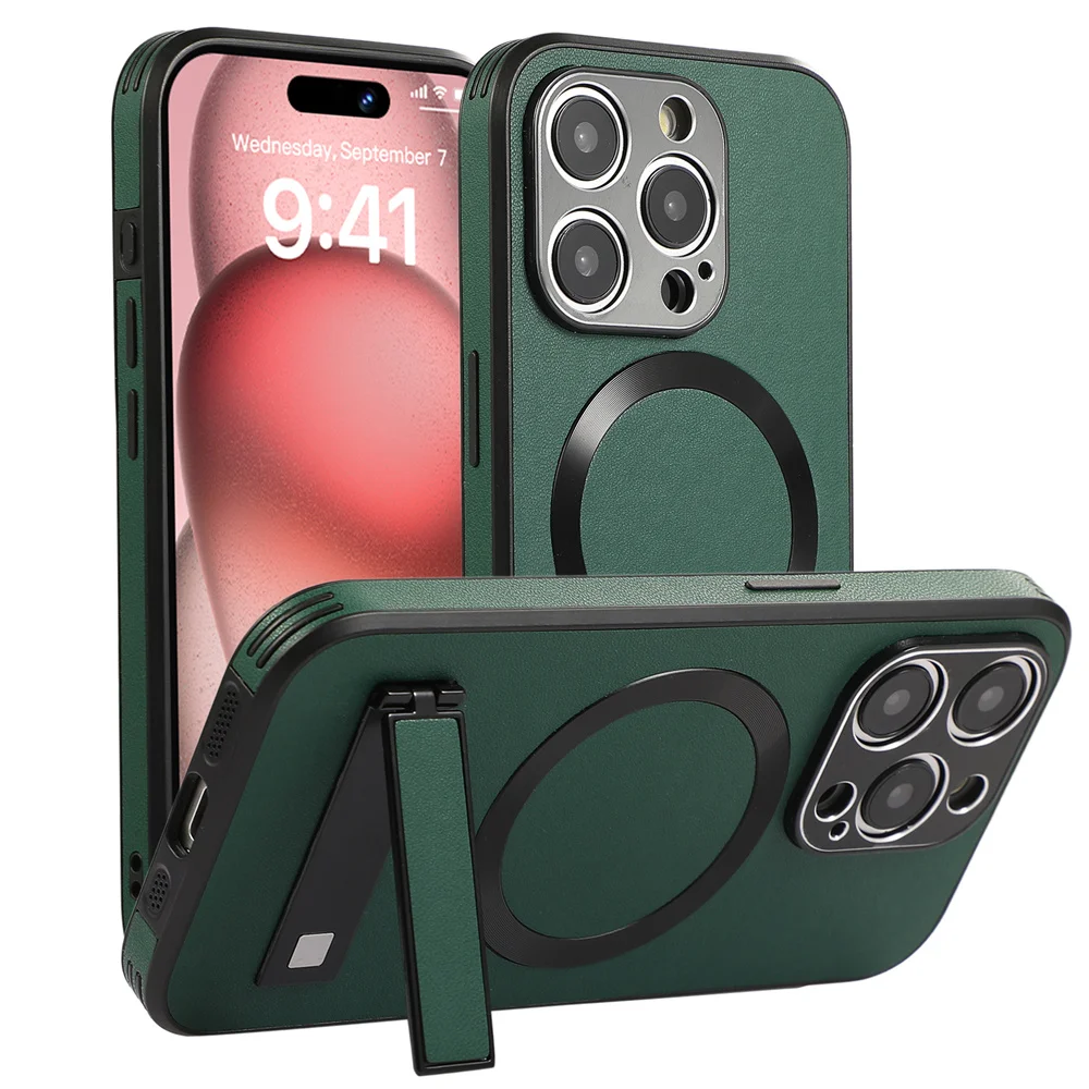 Luxuriöse magnetische Lederhülle mit Ständer für iPhone 18 17 16 15 14 11 12 13 Pro Max, kabelloses Laden für Magsafe, stoßfeste Abdeckung – Detail 11