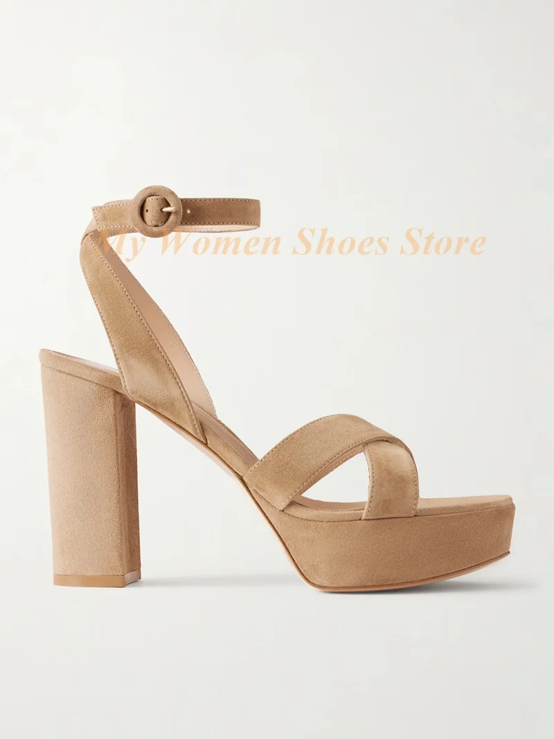 Sturdy Platforms Suede Crossover Straps Sandals Block High Heel Open Toe Handmade Runway 2026 Summer Women Dress Shoes