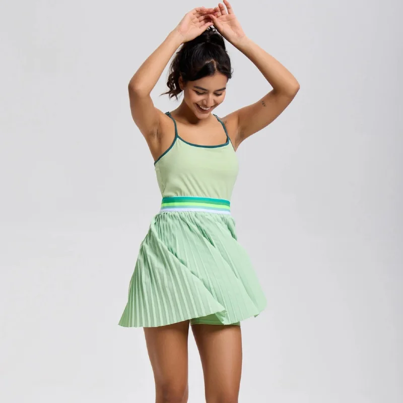 

Summer Spaghetti Strap Tennis Dress with Shorts Pocket Striped Waist Athletic Golf Wear Women's Sportswear Workout Badminton