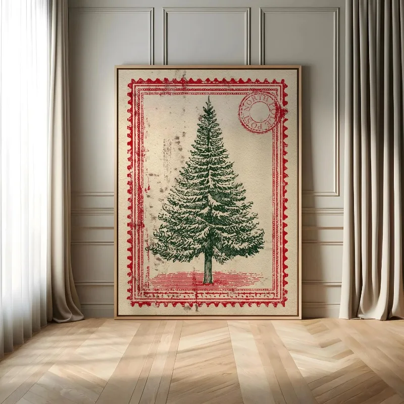 Vintage Christmas Tree Stamp Canvas Wall Art Retro North Pole Post Print Xmas Holiday Home Wall Decor Unframed Canvas Art Poster