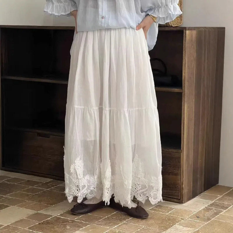 Women's Mori Girl Cotton Ramie Maxi Skirt Spring Summer Vintage Aesthetics Lace Crochet Elastic Waist A-Line White Long Skirt