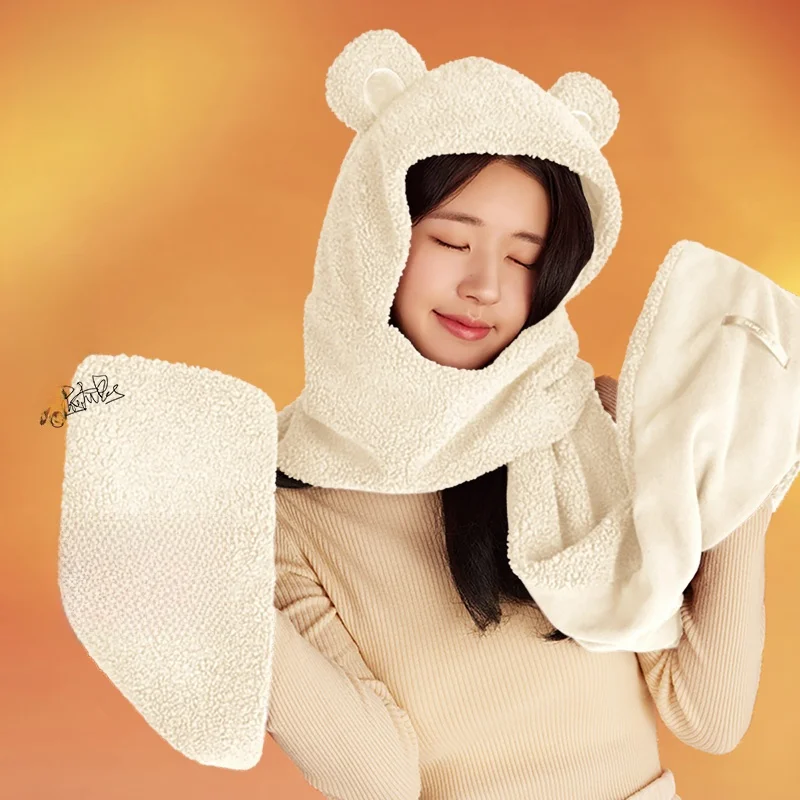warm-caramel-bear-integrated-soft-cute-honey-bear-scarf-korean-style-winter-long-rectangle-polyester-fiber-women's-scarf
