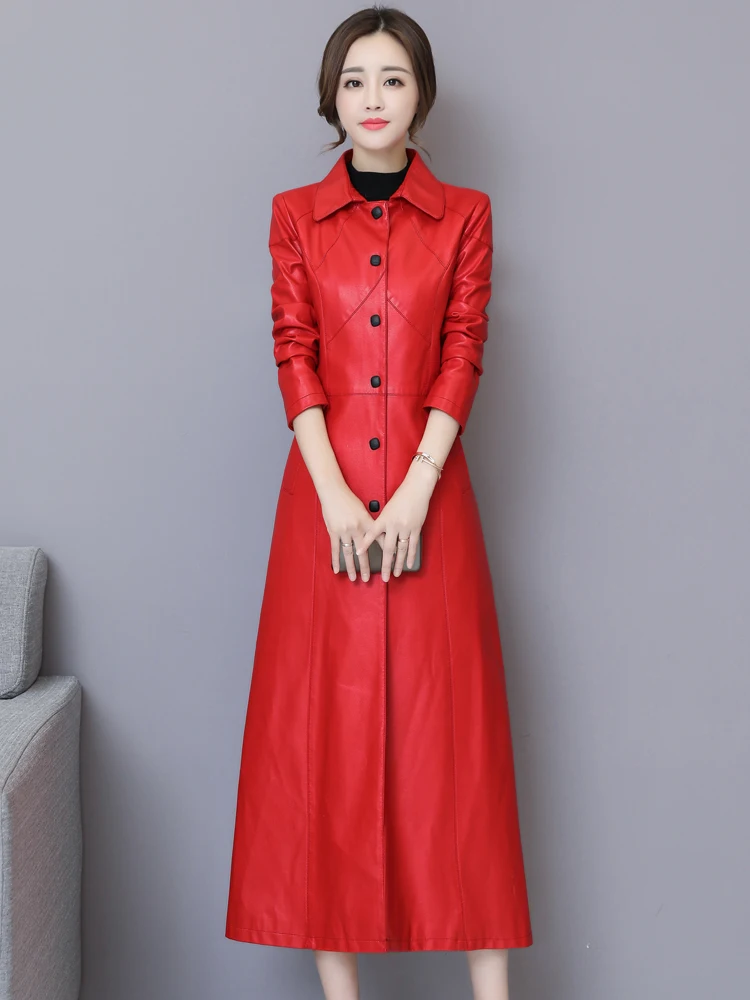 Cappotto in pelle da donna taglie forti, lunghezza media, sopra il ginocchio, in pelle di pecora, stile coreano alla moda, slim fit, a maniche lunghe, per il commuting