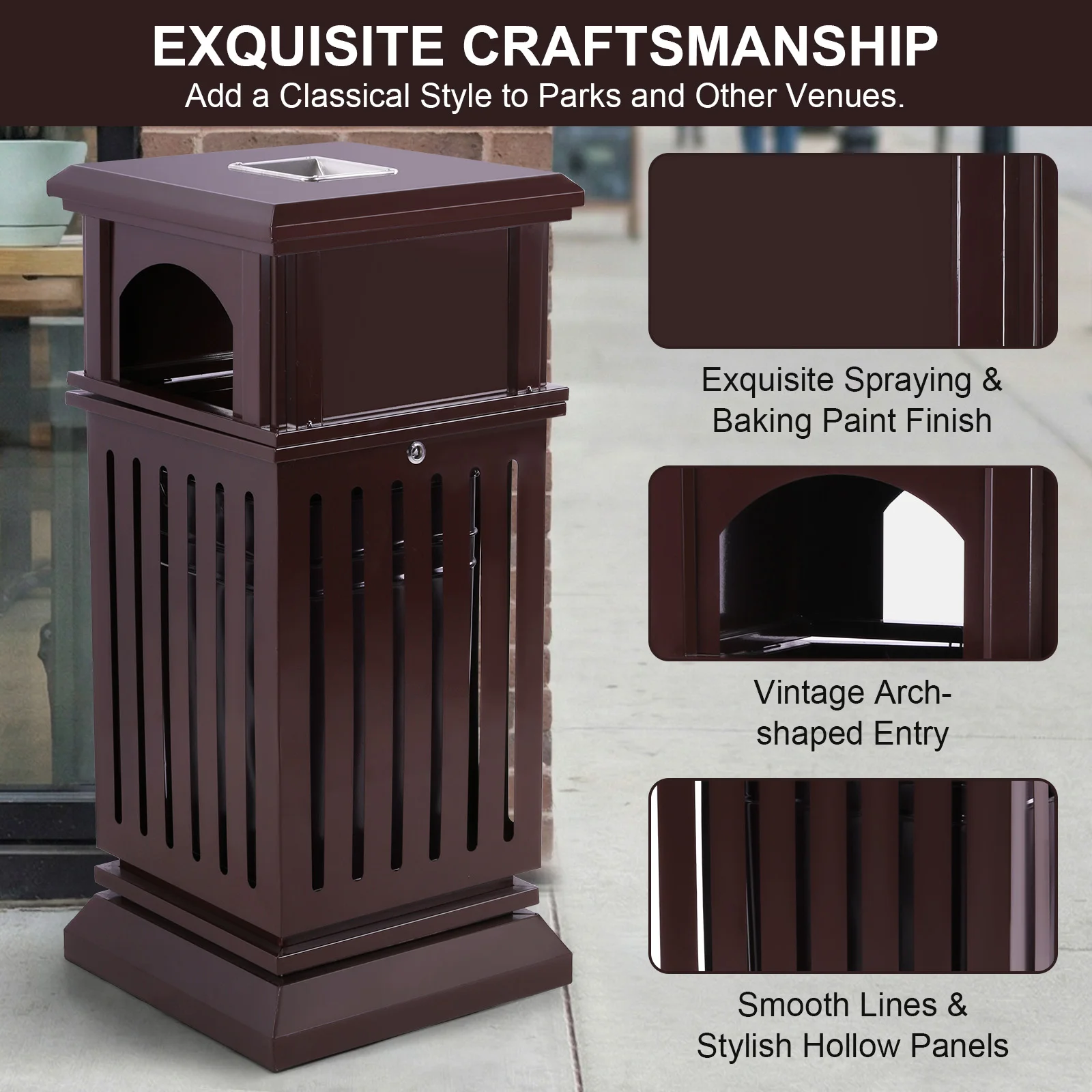 

30L Side Opening Waste Bin with Ashtray & Locking Lid Outdoor Hollowed Garbage Can Large Capacity for Garage Backyard Or Garden