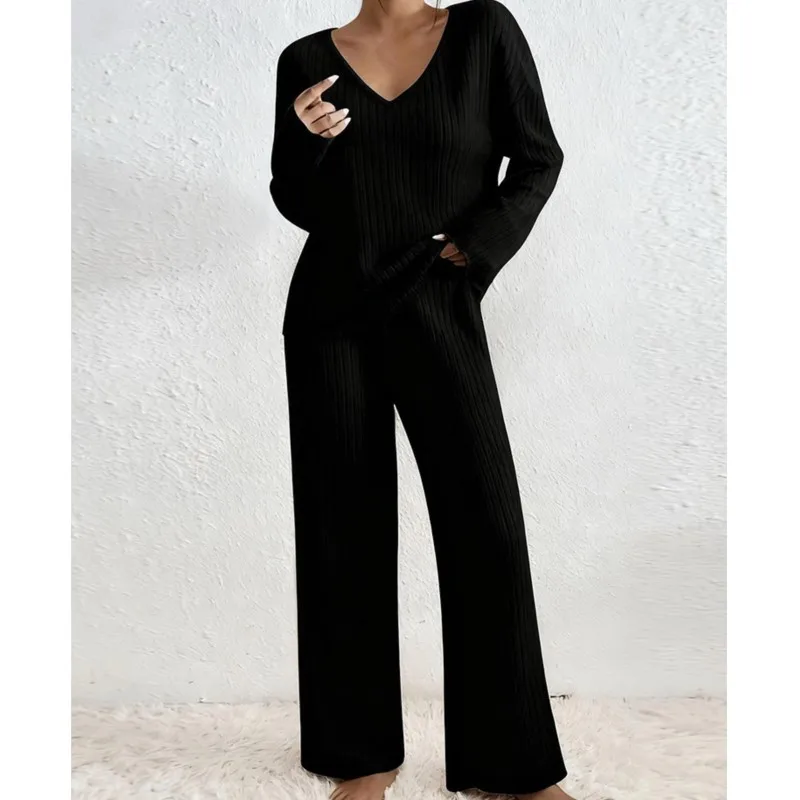 Women's V-Neck Long Sleeve Top Wide Leg Pants Two-Piece Set  Autumn Winter Casual Commuting Solid Color Loose Long Pants Sets