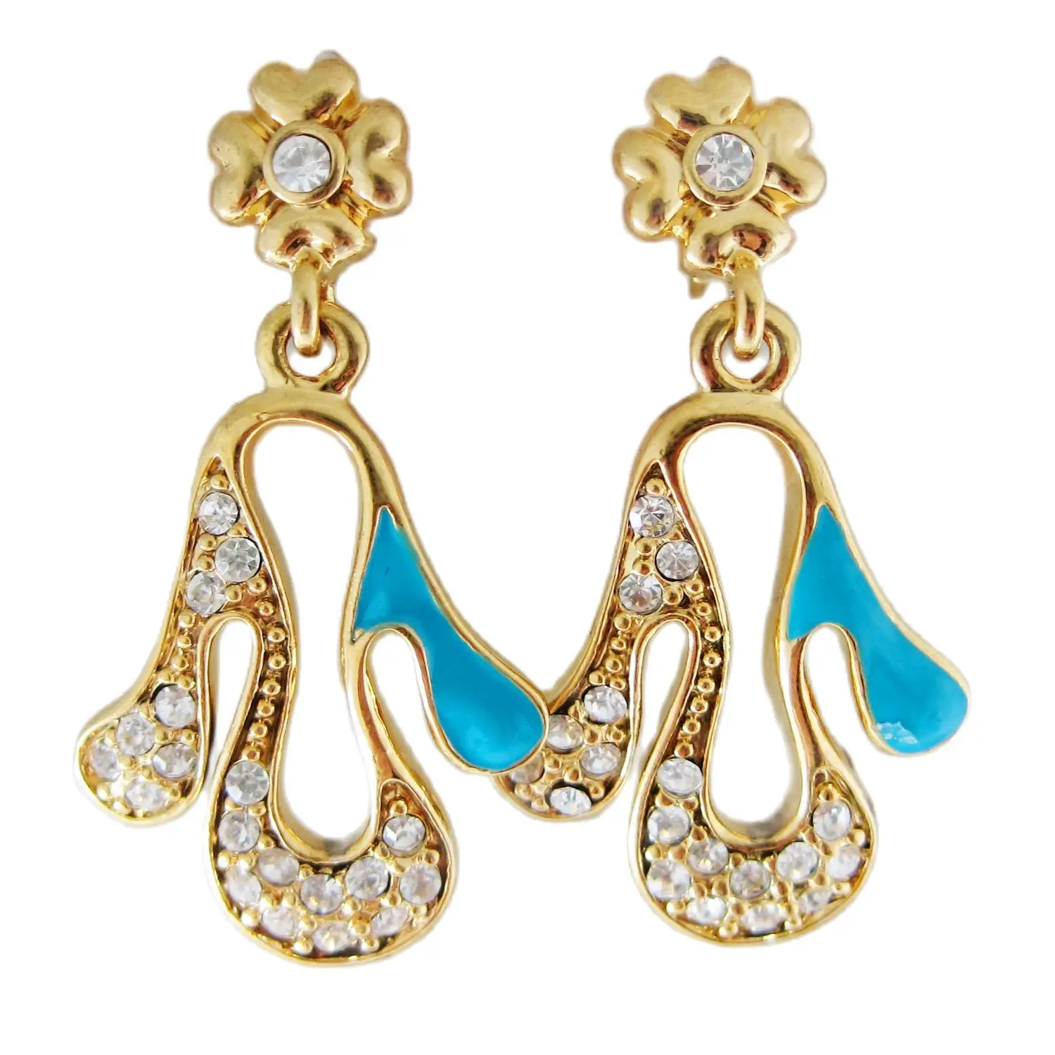 YELLOW GOLD PLATED OVERLAY FILL BRASS PENGUIN SHAPED HEART CZ STONE STUD BLUE ENAMEL DANGLE TALL 1.38