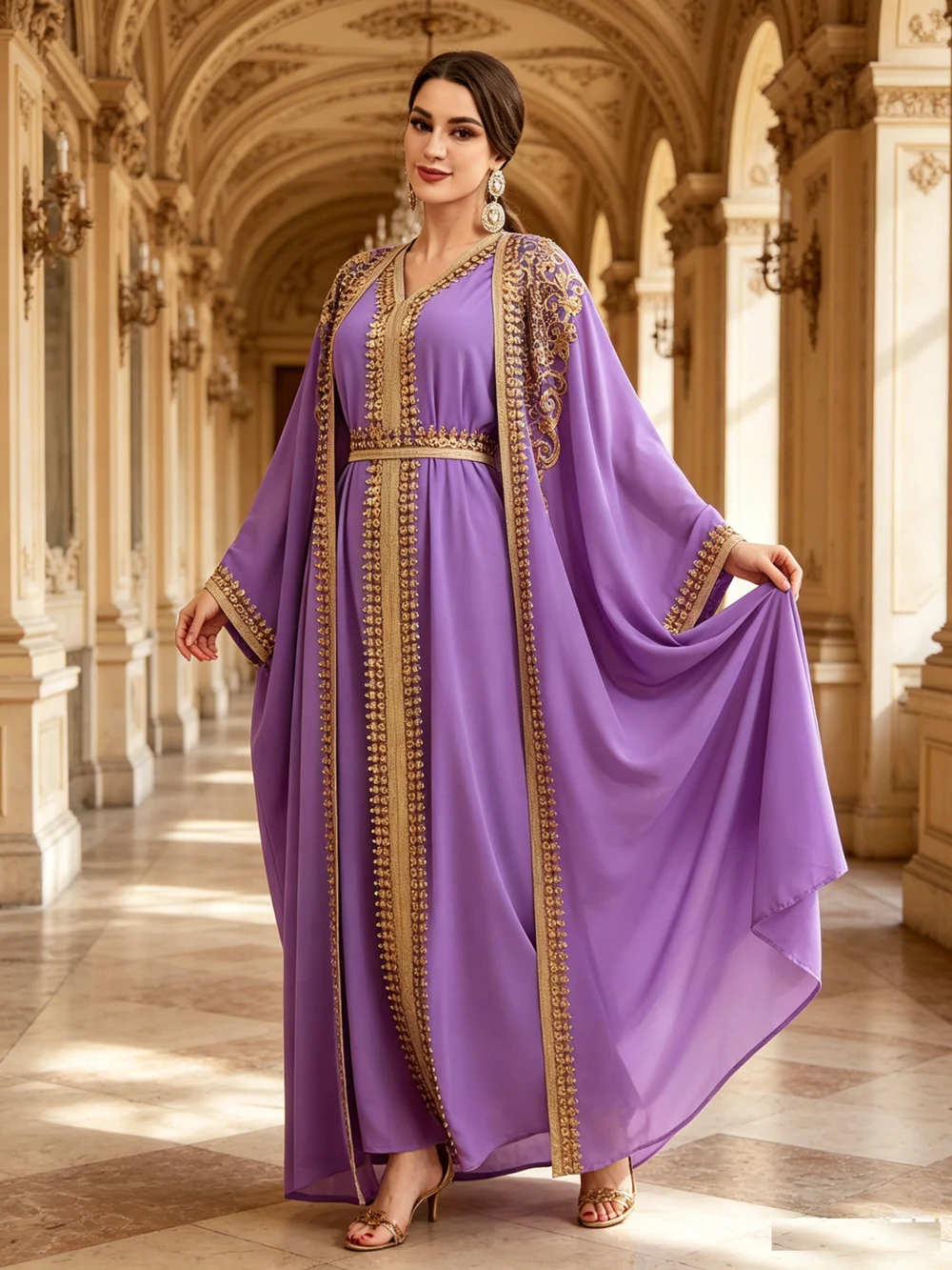 

Moroccan Bat Sleeve Abaya Women Gold Sequined Lace Open Kimono Kaftan Long Maxi Dress Evening Party Casual Loose Robe Islamic