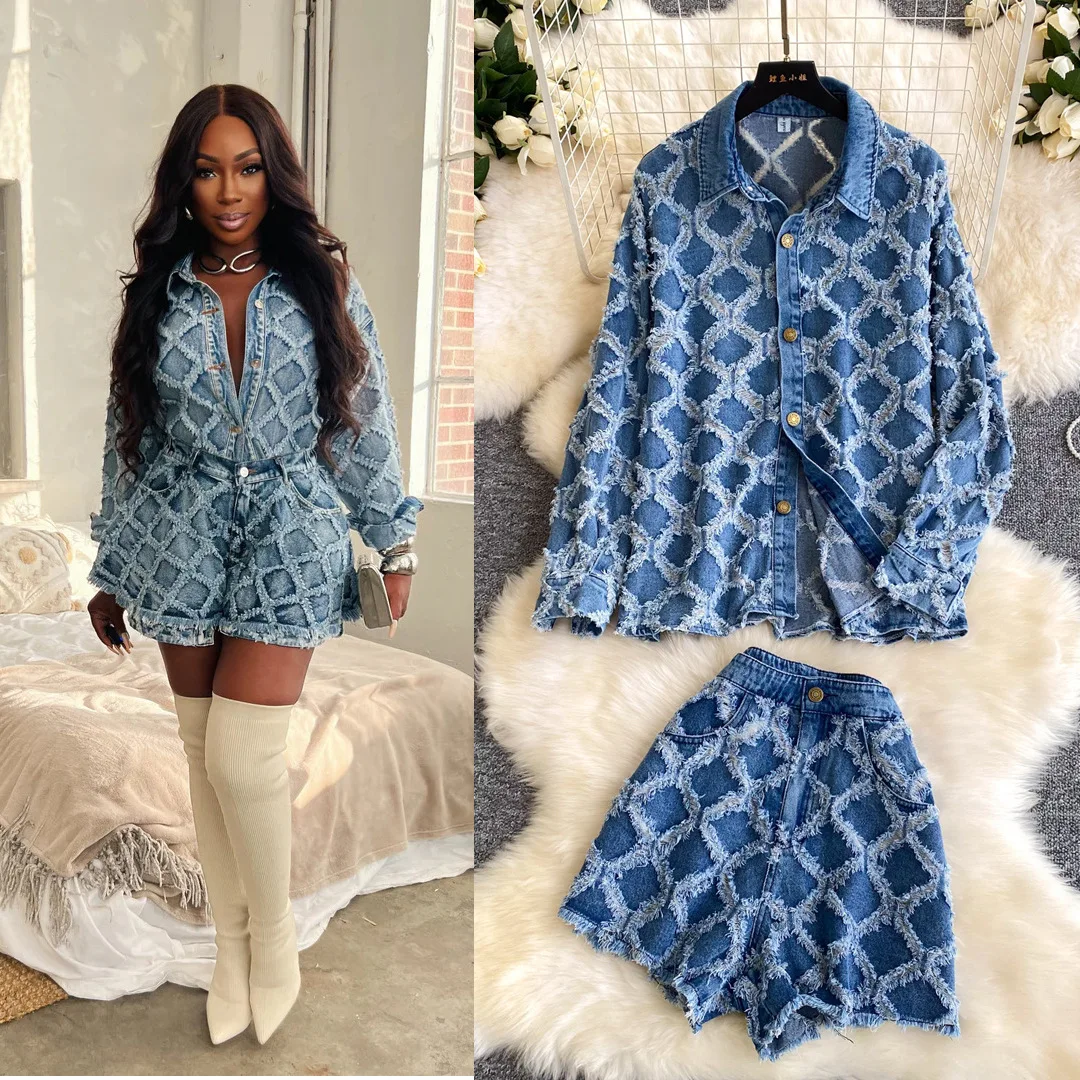 

Two Pieces Women Short Set Denim Matching Set Button Pocket Argyle Plaid Shirt Zipper Fly Empire Waist Shorts 2026 Spring Autumn