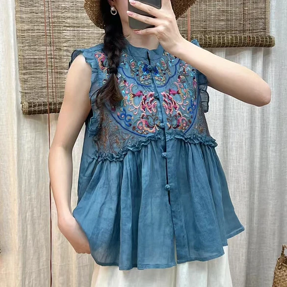 

TEELYNN Floral Embroidery Ramie Shirts for Women Vintage Stand Collar Sleeveless Summer Shirt 2022 Casual Ruffles Loose Blouses