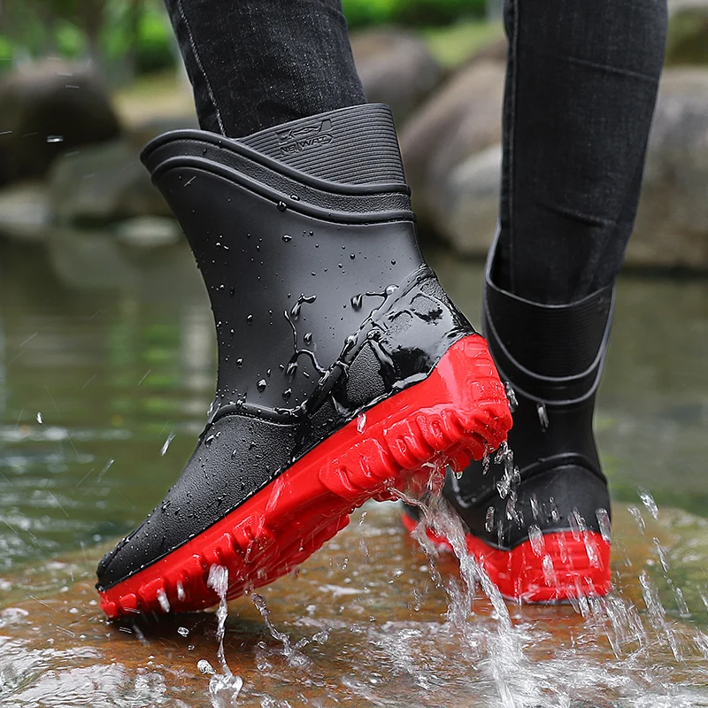 STRONGSHEN Outdoor Men\'s Rain Boots Slip on Waterproof Rubber Non-slip Plush Rain Shoes Fashion Working Shoes Fishing Boots