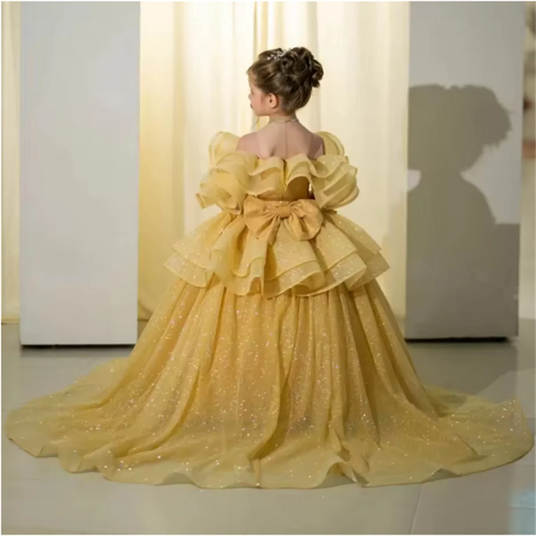 فستان فتاة الزهور من الخزامى مخصص لحفلات الزفاف من التول اللامع وكشكشة أنيقة لحفلات أعياد الميلاد وحفلات التواصل الأول