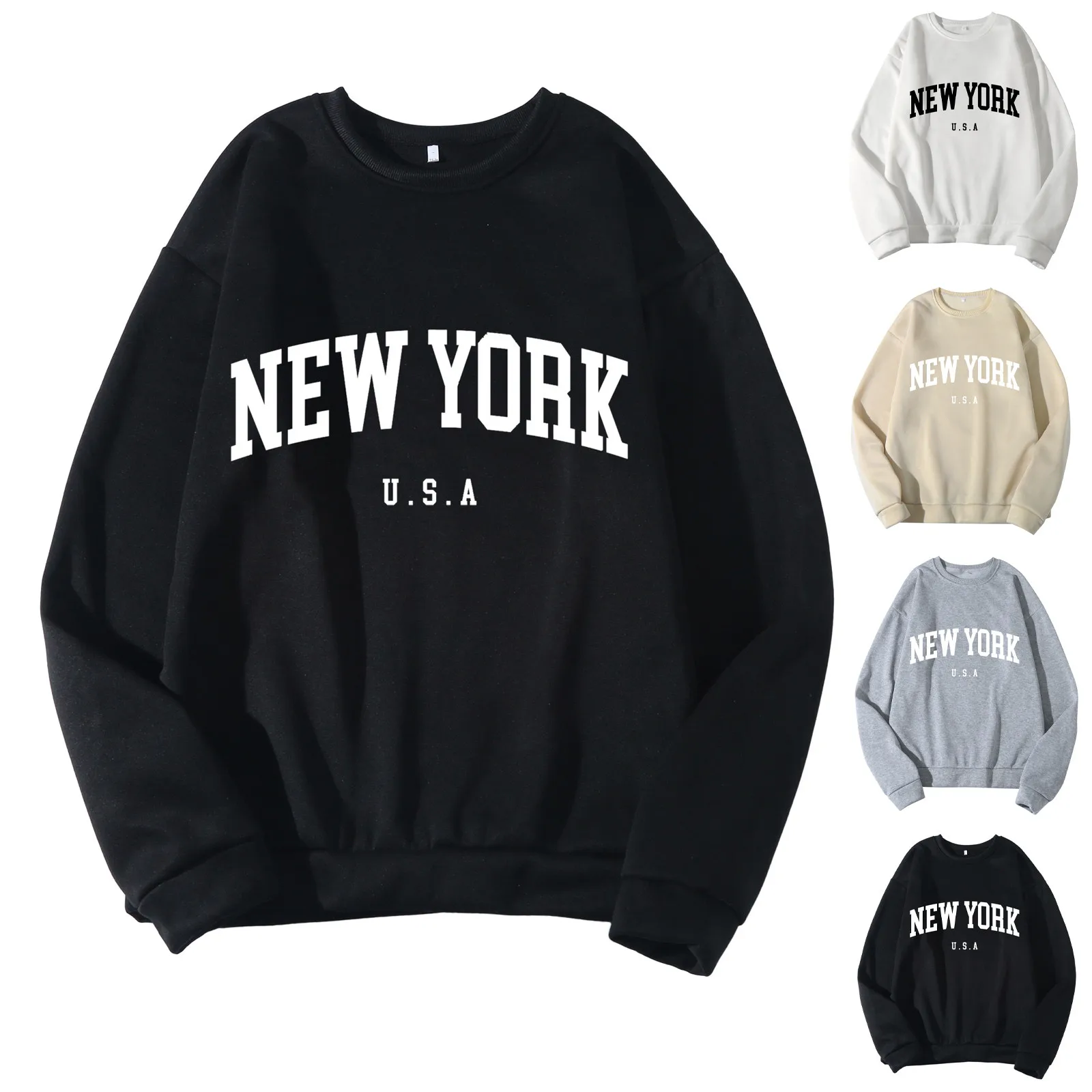 

New York Solid City Letter Prints Male Sweatshirts Autumn Street Hoodies O-Neck Fleece Pullovers Warm Loose Sportswears