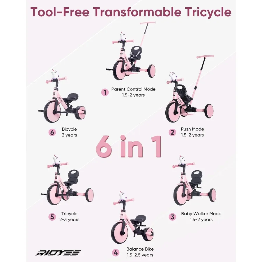 5-in-1幼児用三輪車（1.5歳～3歳向け）親用ステアリングプッシュトライク、工具不要でバランスバイクに変換可能、安全ベルト取り外し可能B