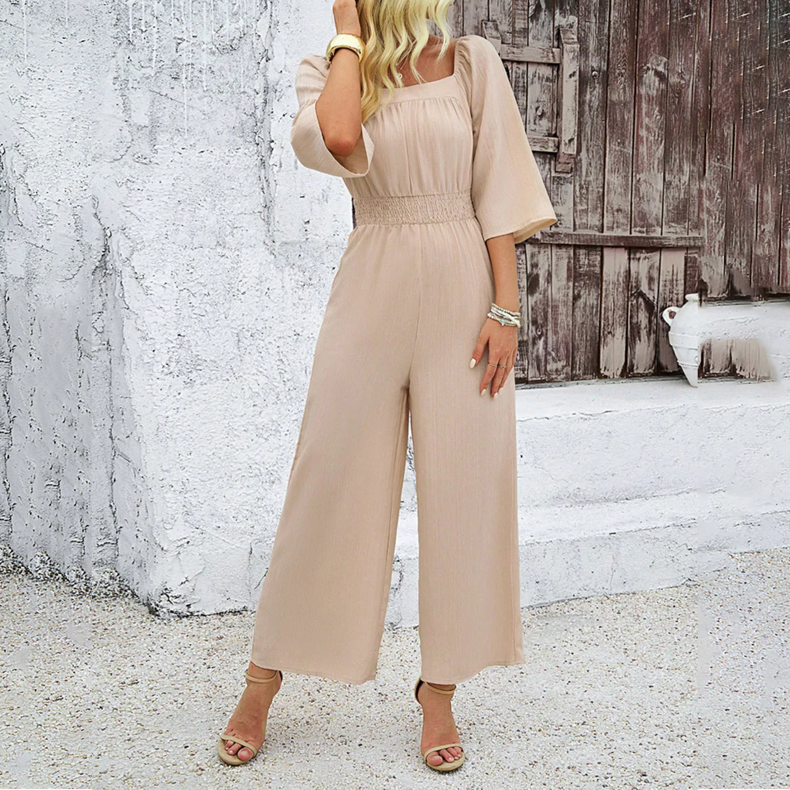 

2024 Summer Casual Solid Color Waist Square Neck Short Sleeved High Waisted Daily Wide Leg Long Jumpsuit Jumpsuit For Women
