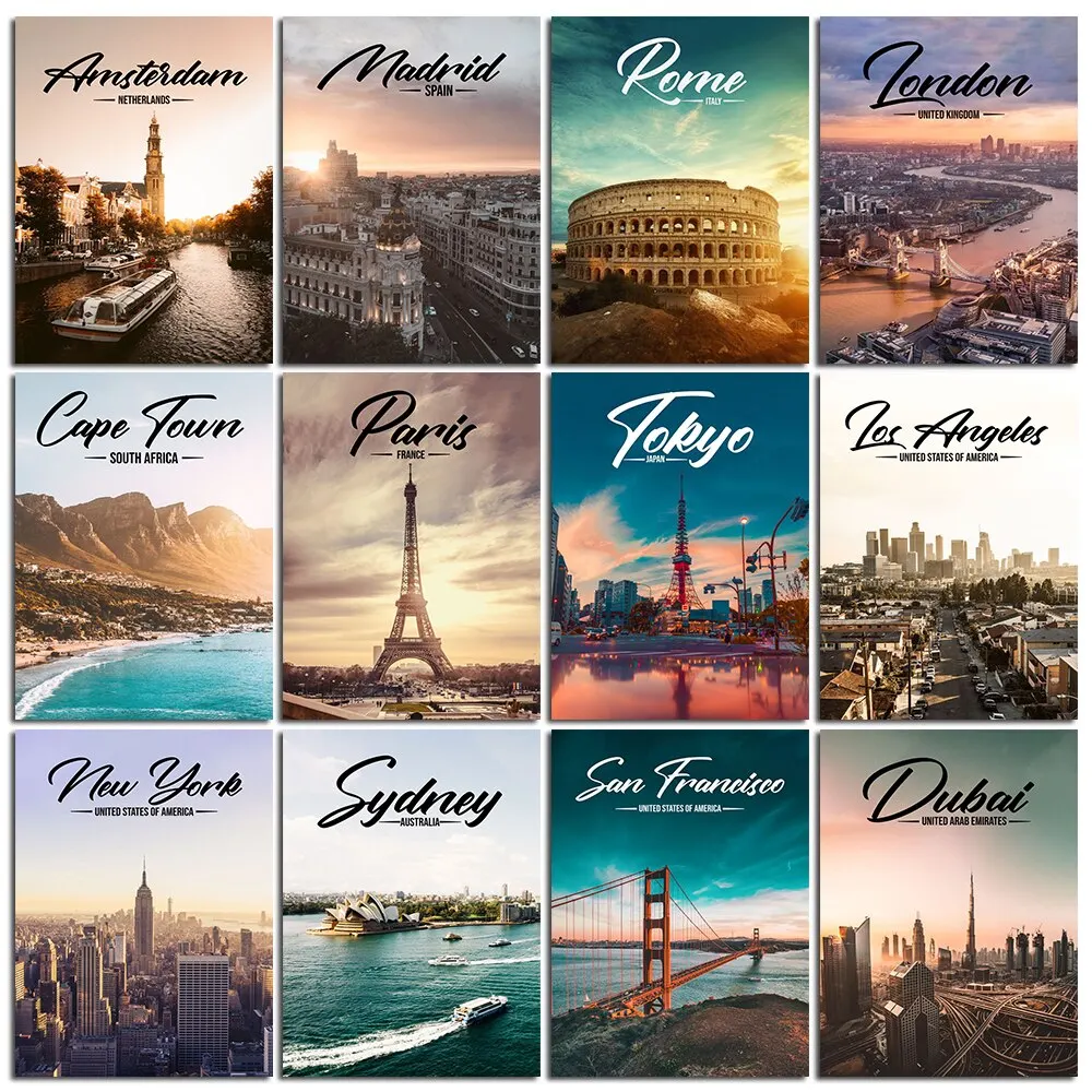 Carteles de paisaje urbano de Nueva York, París, Tokio, Dubái, Madrid, Roma, impresiones de Arte de pared para decoración del hogar y la Oficina