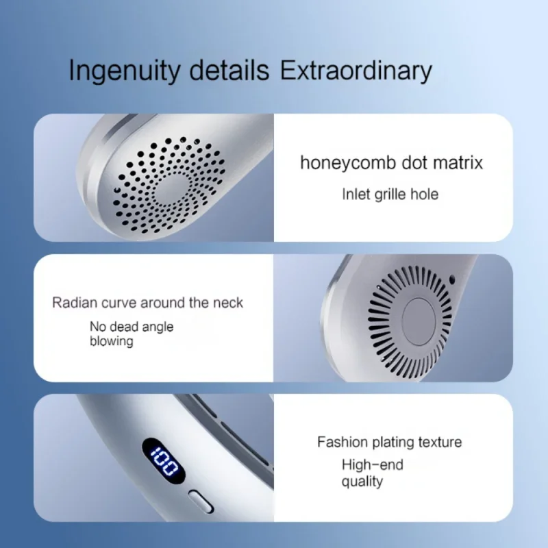 مروحة الرقبة، مروحة خفيفة الوزن يمكن ارتداؤها، مروحة منخفضة الضوضاء 5 سرعات بدون استخدام اليدين، مروحة رياضية معلقة بتصميم سماعة الرأس للاستخدام الداخلي والخارجي