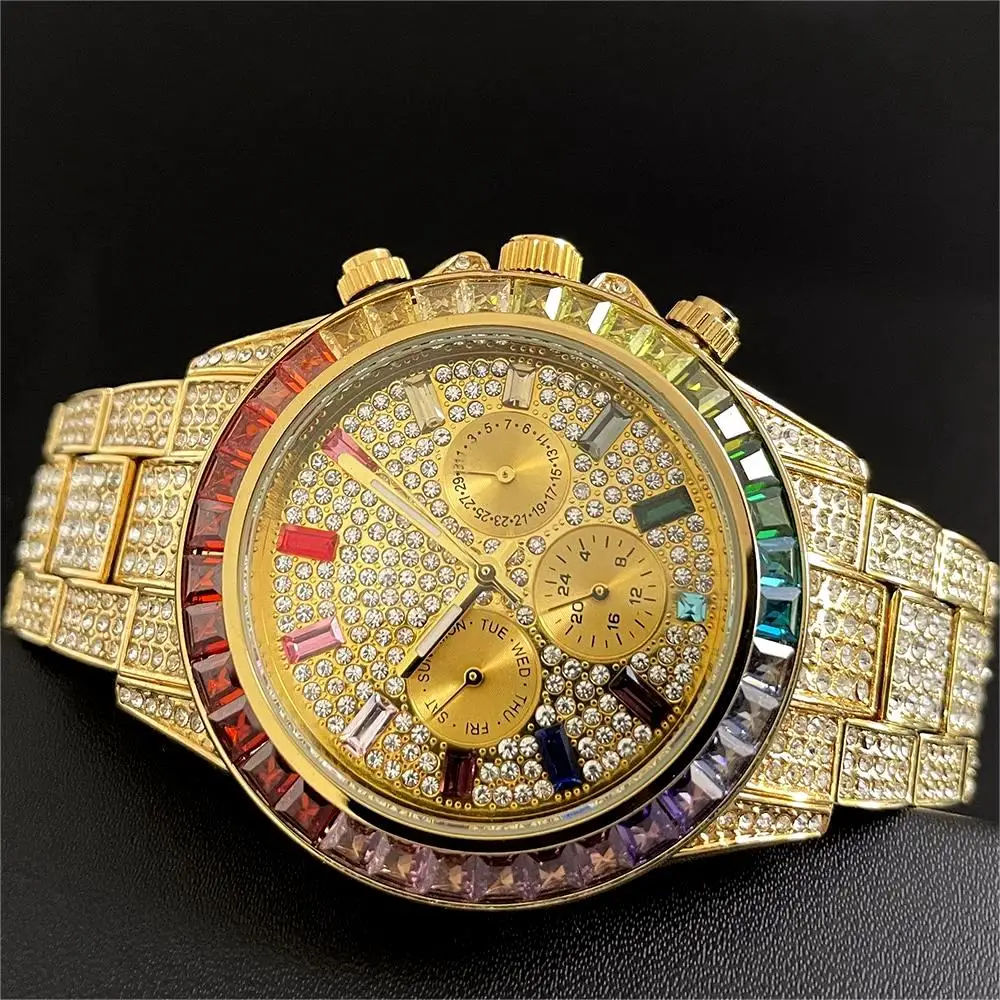 2024 Hot Luxury Quartz Watches Men Fashion Rainbow Diamond Wristwatch Hip Hop Iced Shiny Jewelry Gold Watches Man Dropshipping