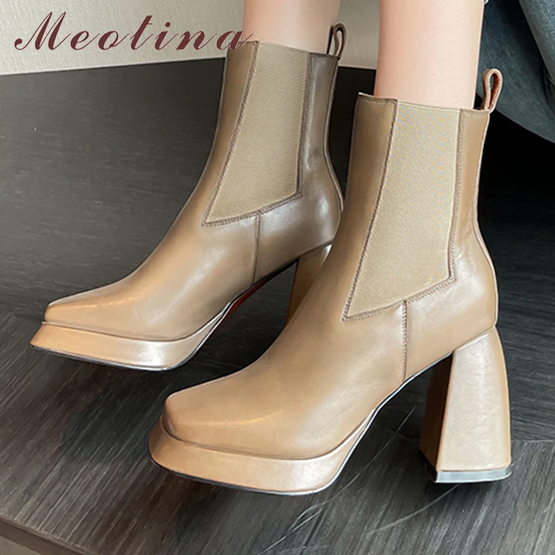 

Meotina Women Genuine Leather Ankle Boots Square Toe Platform Thick High Heels Chelsea Short Boots Ladies Shoes Autumn Winter 40