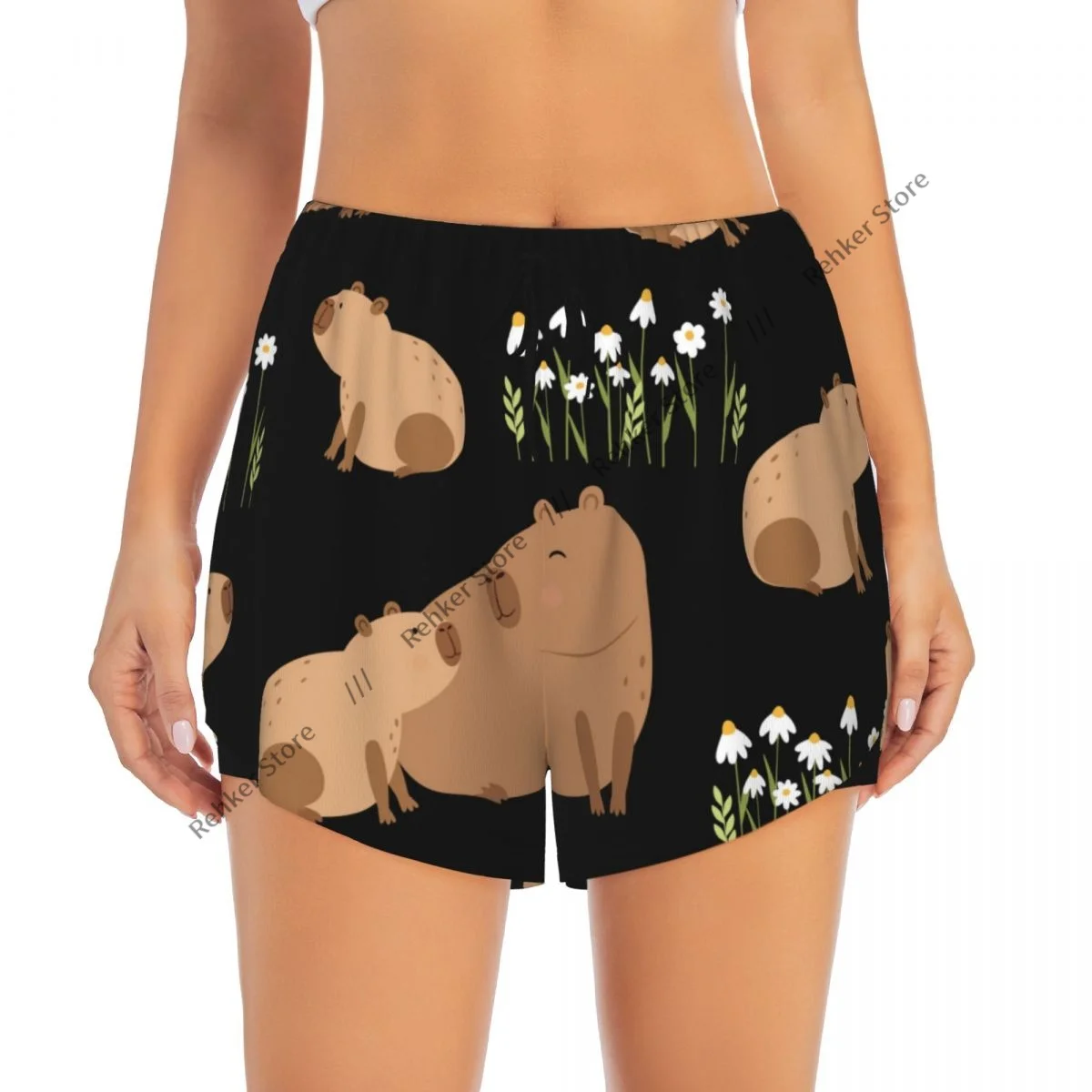 Pantaloncini sportivi da donna ad asciugatura rapida a doppio strato con motivo capibara per il tempo libero all'aperto, corsa, fitness, allenamento, sport