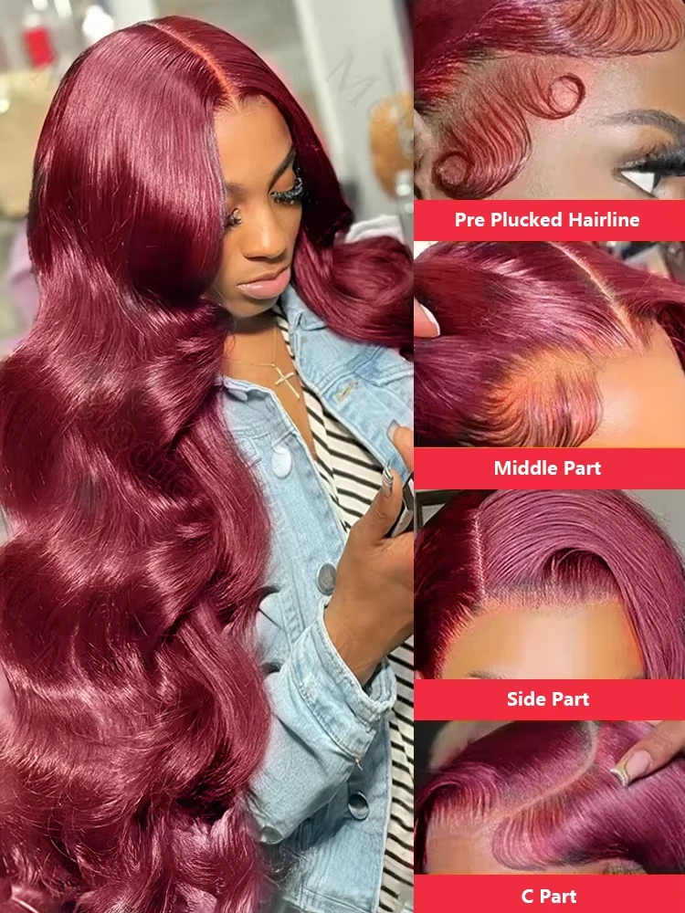 Wig Rambut Asli Burgundy 99j Model Body Wave dengan Lace Front 13x6 HD