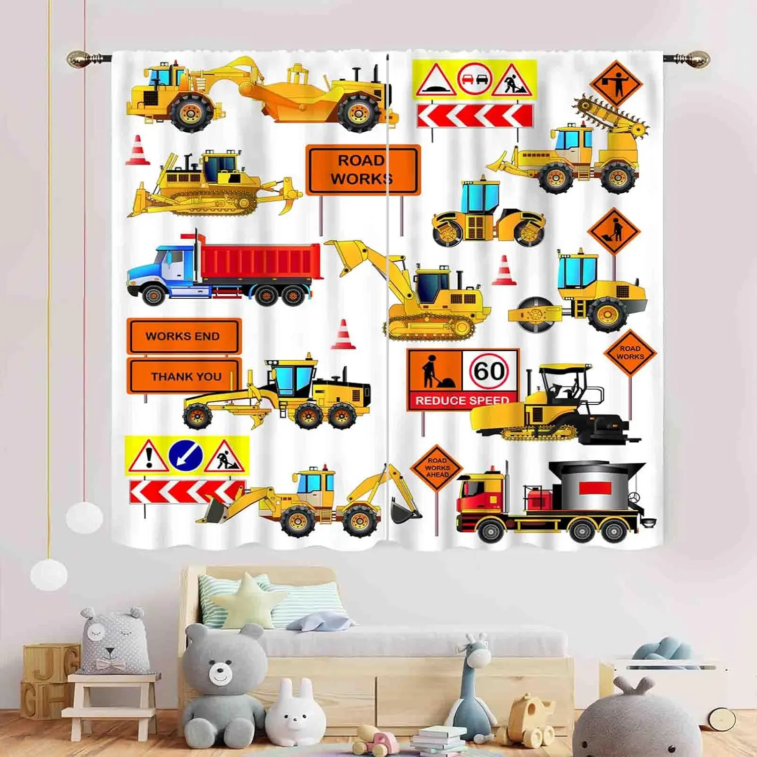Construction Truck Curtains for Kids Boys Girls Room, Cartoon Tractor Excavator Cars Yellow Tractor Machinery Window Drapes