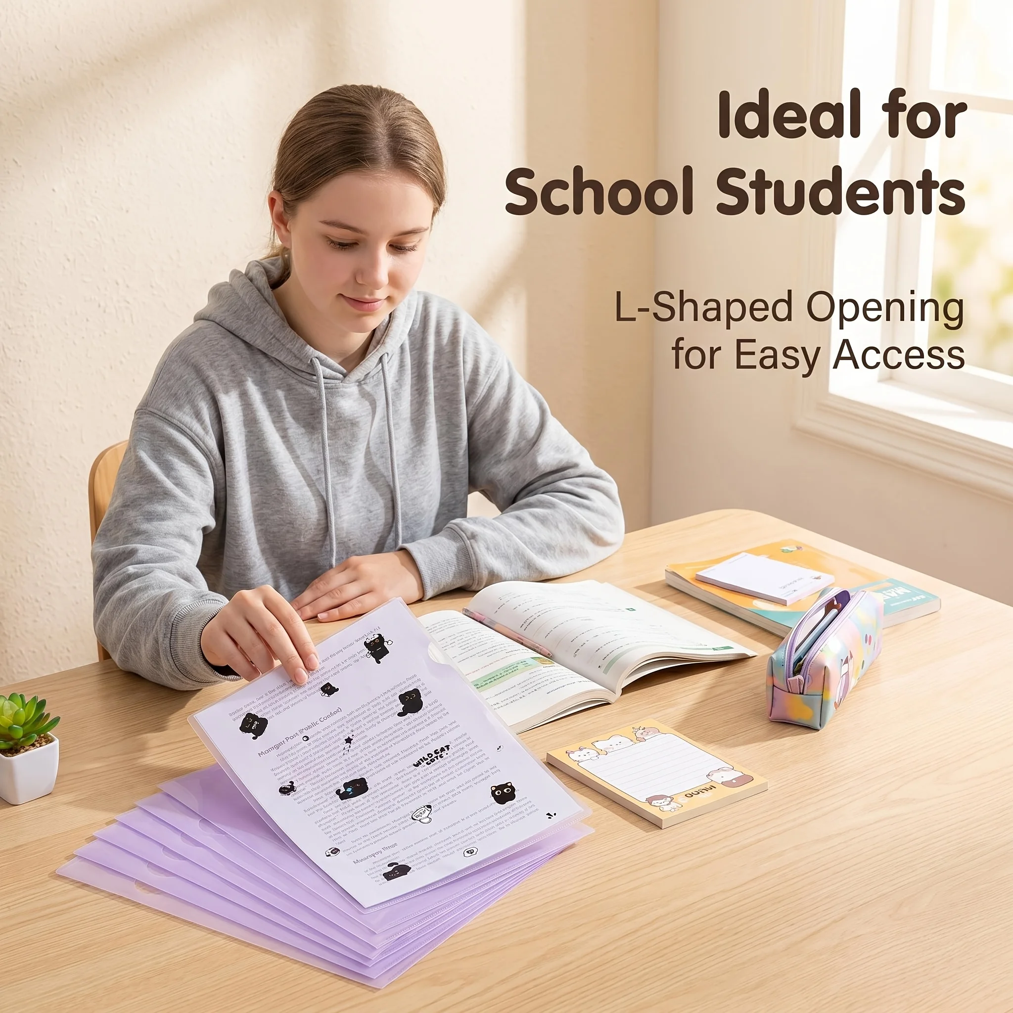 12Pcs Purple A4 L-Shaped Clear Plastic Document Folders Free 6Pcs Cartoon Black Cat Stickers School Office Paper Storage Holder view 6