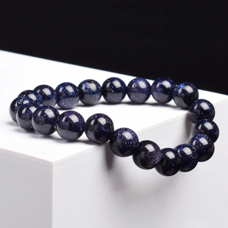 Blue Sandstone Beads Bracelet for Women Men Starry Sky Radiance Blue Sand Stone Elastic Rope Round Beaded Bracelets Jewellery