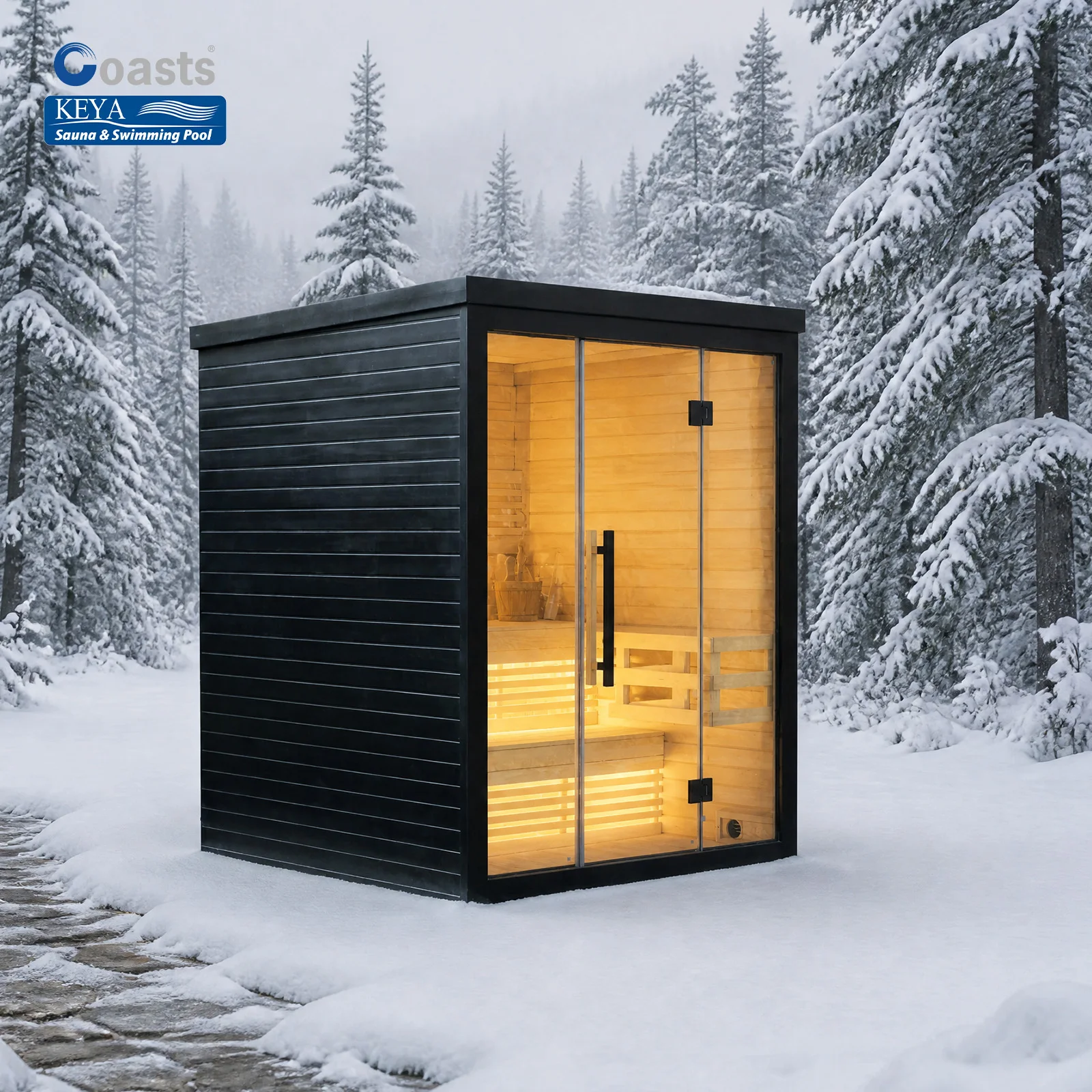 Recessed Lit Hemlock Sauna Featuring Full Front Glass Panel Door And Charcoal Trim For Premium Evening Relaxation