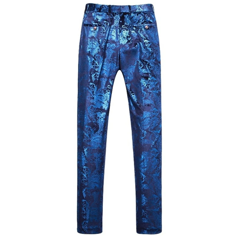 Floral Pants Men Flat Front Expandable Wasit Suit Pants Mens Wedding Party Prom Stage Trousers