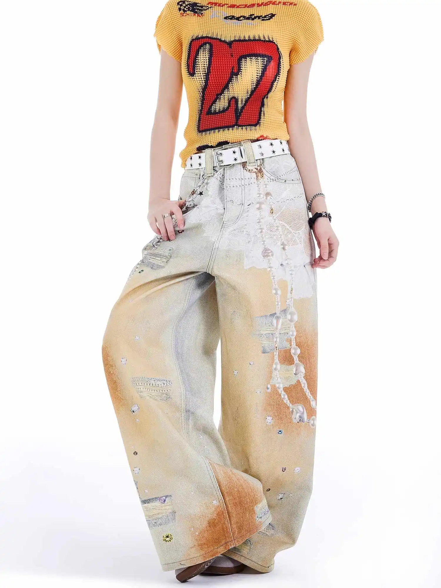 Jean déchiré Orange Baggy Y2k pour femmes, pantalon en Denim imprimé Graffiti Vintage Harajuku, Style japonais des années 2000, vêtements 2025