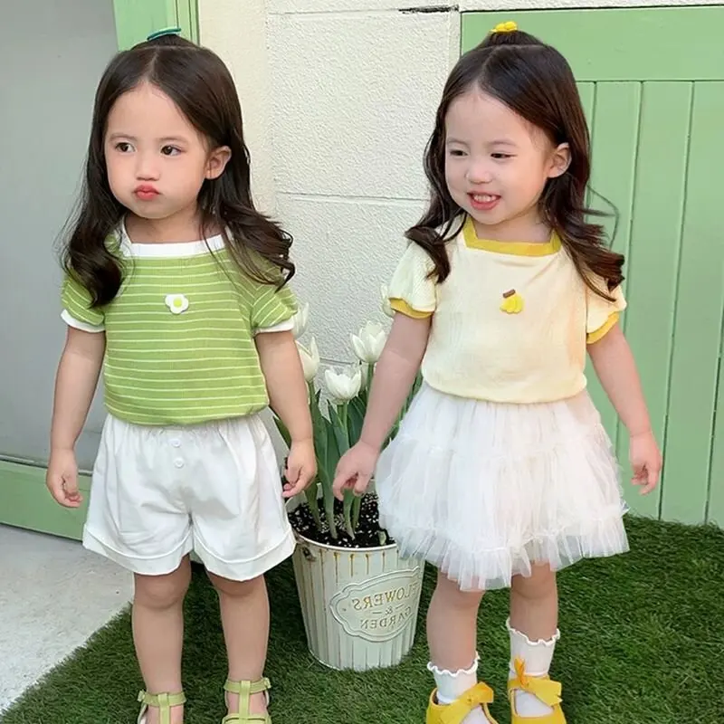 Summer 2025 New Style Baby Girl Short-Sleeved Tops for Outer Wear, Fashionable and Cute Candy-Colored T-Shirts, Ice Silk T-Shirts