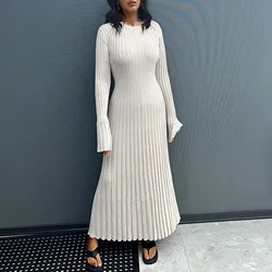 Knitted White Striped Long Sleeve Maxi Dresses O-Neck High Waist Slim Fit Dress Women 2024 Autumn Winter Ankle-Length Robe Femme